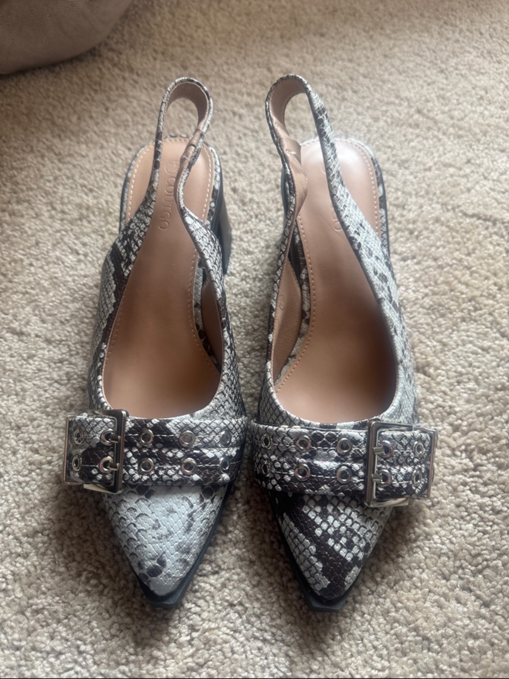 Pointed-Toe Slingback Mules in Gray Snake Print with Buckle